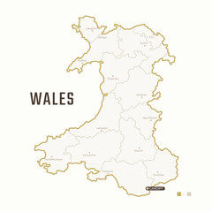 Wall Mural - Map of Wales with border, cities and capital Cardiff. Each city has separately for your design. Vector Illustration
