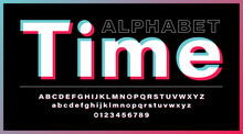 Glitch alphabet. Modern social media font. Set of letters and numbers. Alphabet with 3d glitch effect isolated on black background