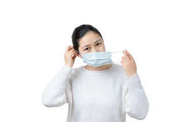 Wall Mural - a sick girl wear mask,white background