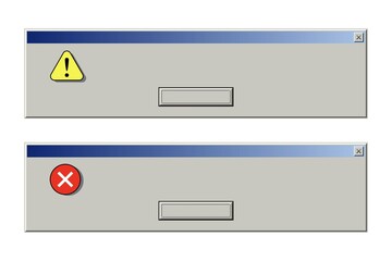 Old computer window with error message. Retro pc interface with problem or glitch, vintage web browser alert, software system bug. 90s screen vector illustration. Program failure