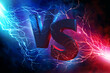 Neon versus logo, vs letters for sports and fight competition. Battle vs match, game concept competitive. Resistance symbol. Collision of two forces, flash, lightning, against a dark, foggy background
