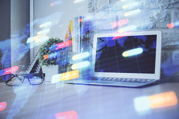 double exposure of desktop computer and technology theme hologram. concept of software development.