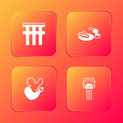 Sticker - set aqueduct of segovia, churros and chocolate, spanish wineskin and peineta icon. vector.