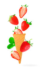 Poster - waffle cone with fresh fruits in motion