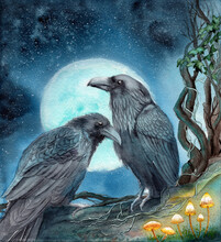 Watercolor Illustration Of Two Ravens Under A Bright Moon Sitting On A Tree Branch With Some Glowing Mushrooms Under It