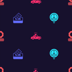 Poster - Set Peace, Vote box, Police car and flasher and Lying burning tires on seamless pattern. Vector.