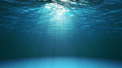 dark blue ocean surface seen from underwater. abstract fractal waves underwater and rays of sunlight