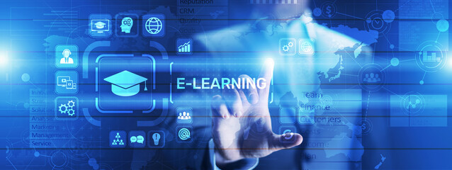 E-learning, Online education, internet studying. Business, technology and personal development concept on virtual screen