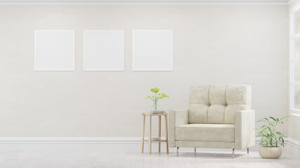 Square poster mockup with Three  frames on empty white wall in living room interior, Living room, 3D Rendering