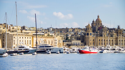 Scenic and beautiful panoramic view of picturesque historic old town of La Valletta on Malta island in the Med, popular tourist travel destination rich of history and World Heritage Site of UNESCO