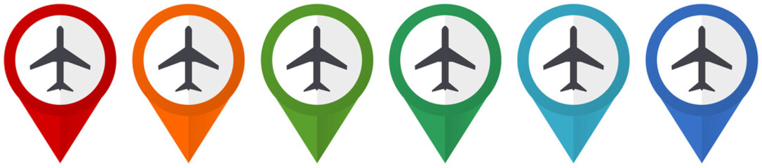 Poster - Plane, flight, airplane vector pointers, set of colorful flat design icons isolated on white background