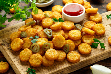 Wall Mural - Mini hash browns, tater tots crispy golden potato bites served with jalapeno peppers dipped in ketchup