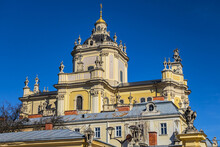 View Of Lviv Greek Catholic Archbishop's Cathedral Of Saint George (Ukr: Sobor Sviatoho Yura, 1760) - Magnificent Rococo Architectural Ensemble Dating Back To The XVIII Century. Lviv, Ukraine.