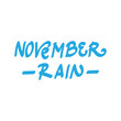 November Rain. Autumn season banner. Poster, card design with inscription, colorful imprints foliage, lettering phrase.