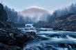 The mist is leaving and the sun is rising. Autumn in the Hemsedal in Norway mountains. Shot with long exposure.