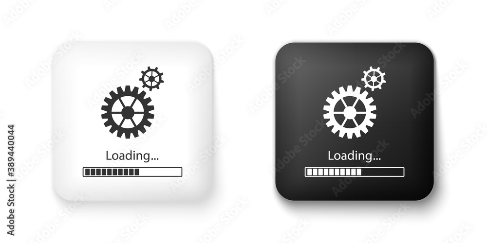 Black and white Loading and gear icon isolated on white background. Progress bar icon. System software update. Loading process symbol. Square button. Vector.