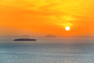 Wall Mural - many small islands landscape on sunset sea with colorful sunset sky