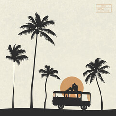 Poster - Lovers on retro car. People in love on palm beach. Family road trip