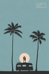 Sticker - lovers on retro car. couple silhouette on palm beach. family road trip