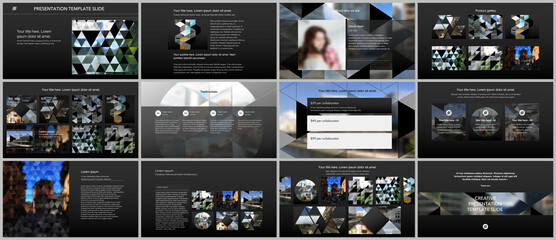 Sticker - Vector templates for website design, presentations, portfolio. Templates with triangles, triangular pattern for presentation slides, flyer, leaflet, brochure cover. Backgrounds with place for photo.