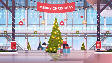 Sticker - shopping mall center with decorated fir tree for christmas and new year winter holidays celebration concept empty no people big store interior horizontal vector illustration