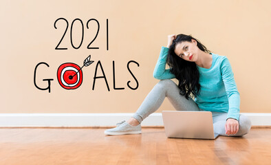 Poster - 2021 goals concept with young woman using a laptop computer