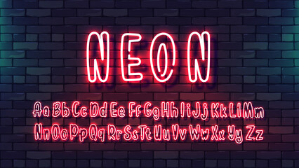 Neon futuristic hand font. Luminous tube alphabet uppercase lowercase letters on a dark brick wall background. Colorful bright drawn typeface for night bright advertising. Vector Illustration. EPS 10