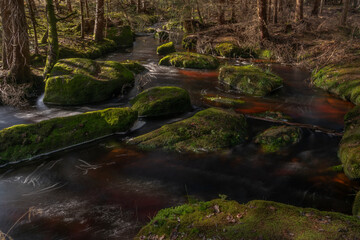 Jezerni creek in autumn color morning with red water and green beautiful stones