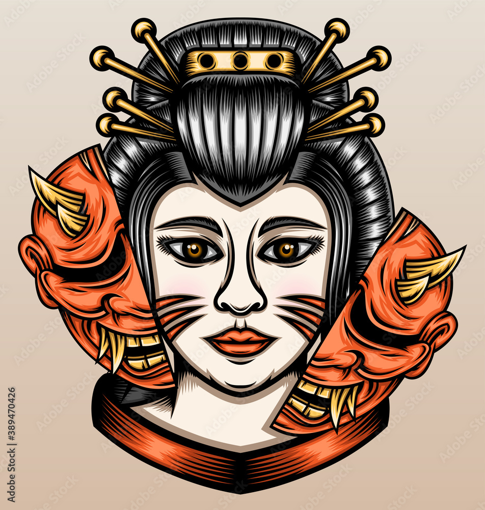 Japanese geisha with hannya mask Stock Vector | Adobe Stock, image size:952x1000