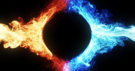 abstract logo reveal with fire and ice effect. blue and red smoke collide around a sphere for logo p
