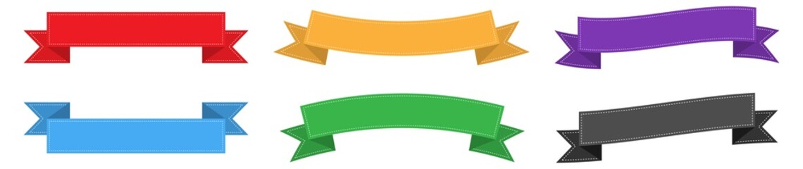 Wall Mural - Ribbon banners collection on white background. Isolated graphic label in different colors. Flag tags for sale and clearance. New collection template. Curved ribbons title. Vector illustration. EPS 10