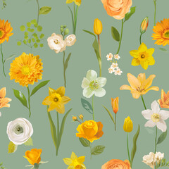 Wall Mural - Summer yellow flowers watercolor background, seamless floral spring pattern. Vector trendy blossom texture