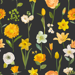 Wall Mural - Summer yellow flowers watercolor background, seamless floral spring pattern. Vector trendy blossom texture