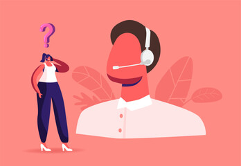 Wall Mural - female character with mobile and question above head call to customer support center. operator in he