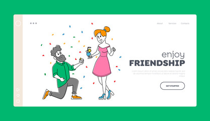 Wall Mural - Party Landing Page Template. Friends Meeting, Corporate. Young Woman and Man Characters Clinking Glasses with Drink