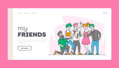 Wall Mural - Friends Party with Drinks, Friendship Landing Page Template. Cheerful Young People Rejoice Laugh and Drinking Cocktails