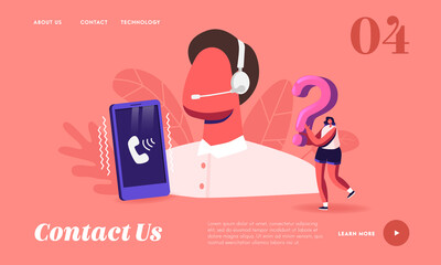 Wall Mural - call center receptionist, customer support service landing page template. man in headset hotline con