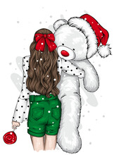 A Girl With Beautiful Hair And A Teddy Bear. New Year's And Christmas.