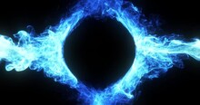 Abstract Logo Reveal Smoke, Flame Effect. Blue Plasma Smoke Collide Around A Sphere For Logo Placement. 2 Video Clip Available, 1 In-out Transition And 1 Loop. 3D Render, 4k Loop 