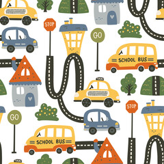 Seamless city car pattern background wih house and school bus. Cartoon road graphic kid illustration for baby boy. Kid traffic vehicle art.