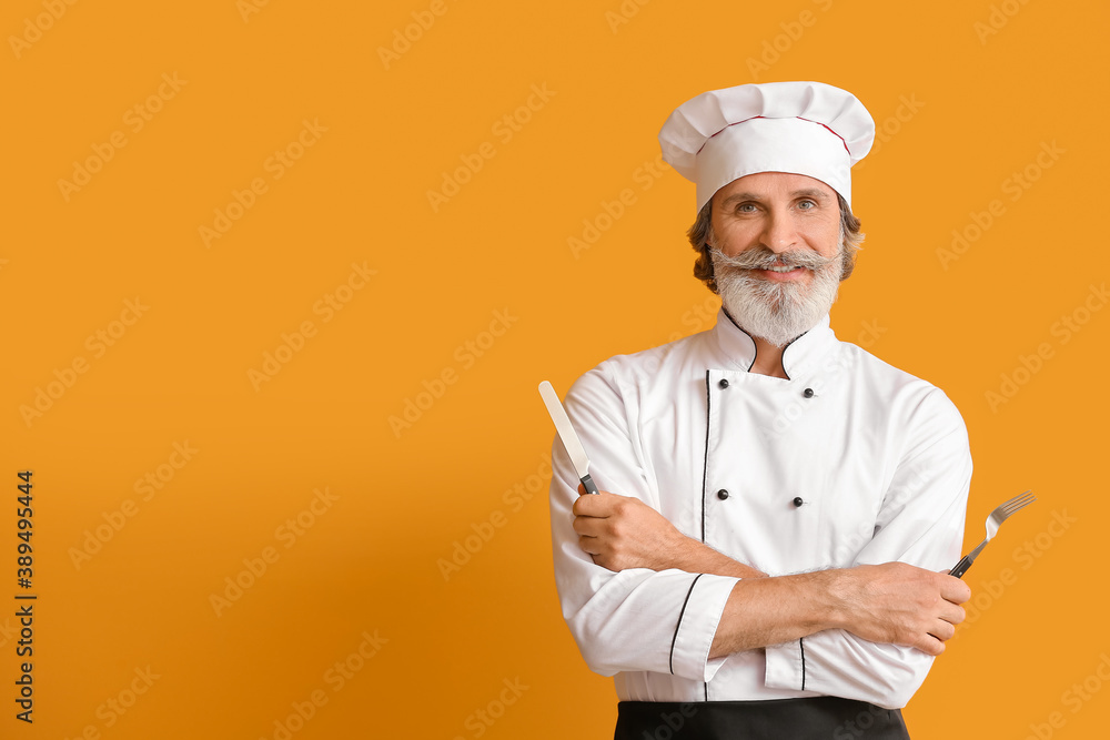 Mature male chef on color background