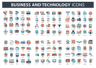 Set vector icons with elements for mobile concepts and web apps. Business and marketing, programming, data management, internet connection, social network, computing, information. Vector	
