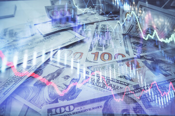 Fototapete - Multi exposure of forex chart drawing over us dollars bill background. Concept of financial success markets.