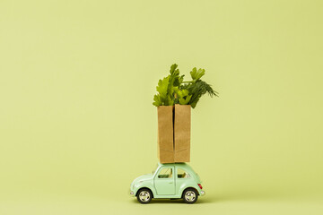 Irkutsk, Russia - October 3, 2020: Light green retro toy car carries paper shopping bags with green salad. Eco foods