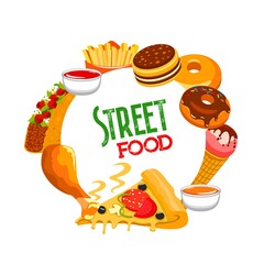 Canvas Print - Fast food round banner vector tacos, ketchup and mustard sauce and french fries with donuts, ice cream. Pizza with mushrooms, tomatoes, olives and cheese, chicken leg cartoon frame. Street cafe meals