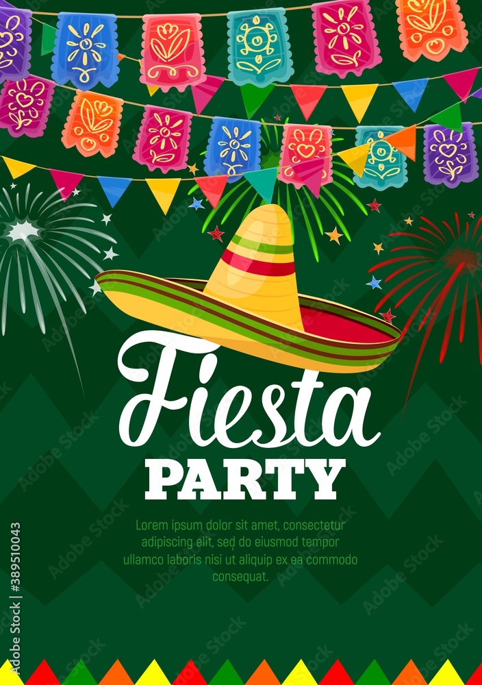 Fiesta party vector poster, mexican symbols sombrero and colorful flag ...