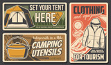 Fototapeta  - Camping and hiking travel tourism sport and outdoor adventure, vector posters. Mountain camp and nature trekking club expedition, camping utensils, equipment and tourist clothing shop