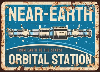Wall Mural - near earth orbital station vector rusty metal plate, international space station or satellite orbiti