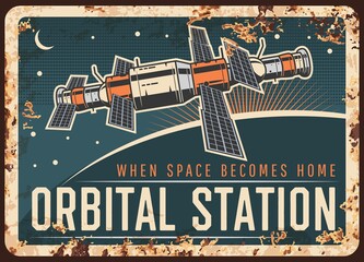 Wall Mural - orbital station vector rusty metal plate, satellite or international space station orbiting earth or