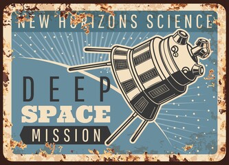 Wall Mural - satellite deep space mission vector rusty metal plate. sputnik take off earth orbit flying to alien 